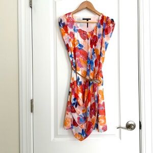 Lily drape Pastel floral vacation travel mini Dress with belt, extra small